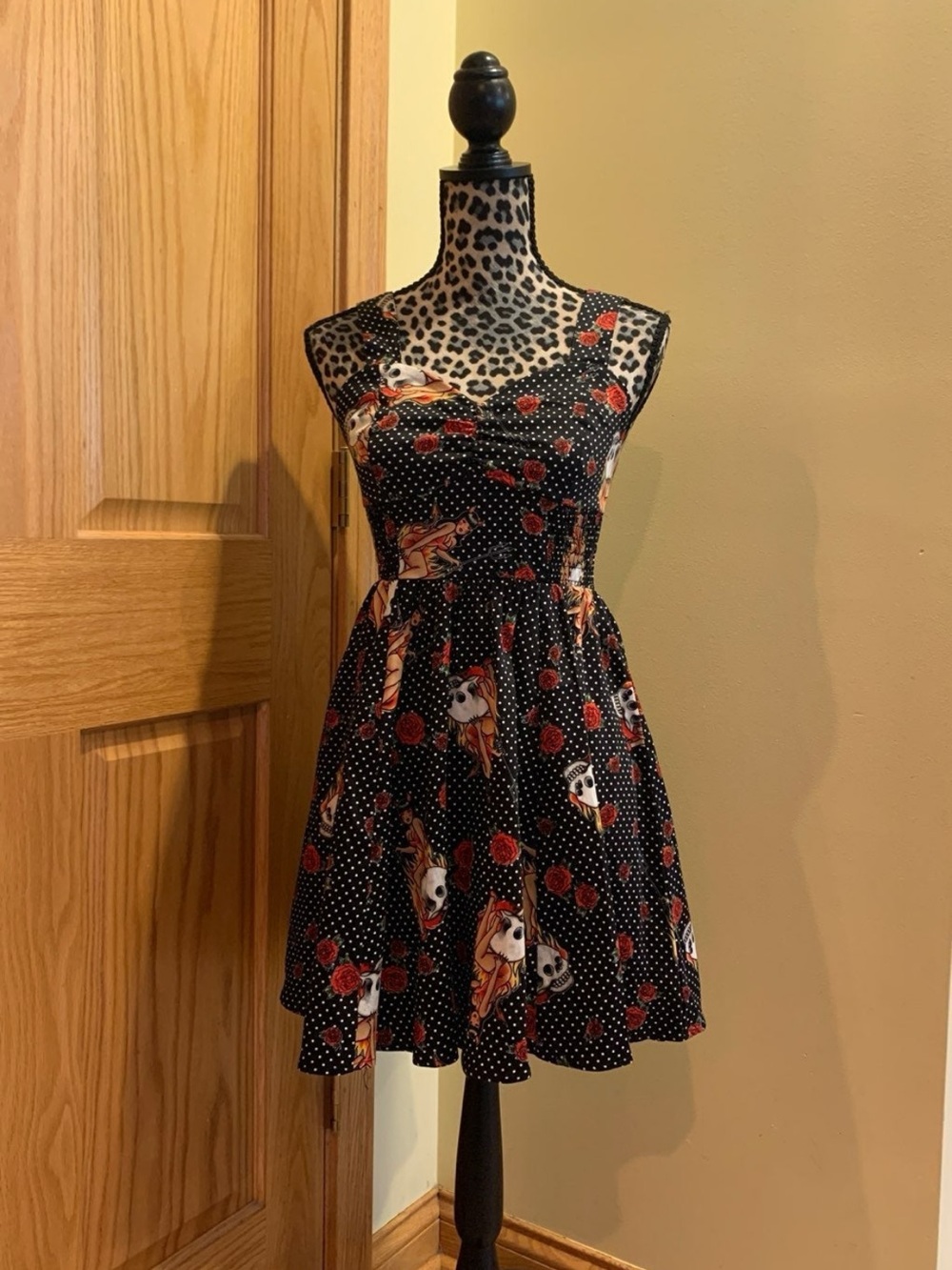 Hot Topic Black Polka Dot Dress with Red Rose & Character Print